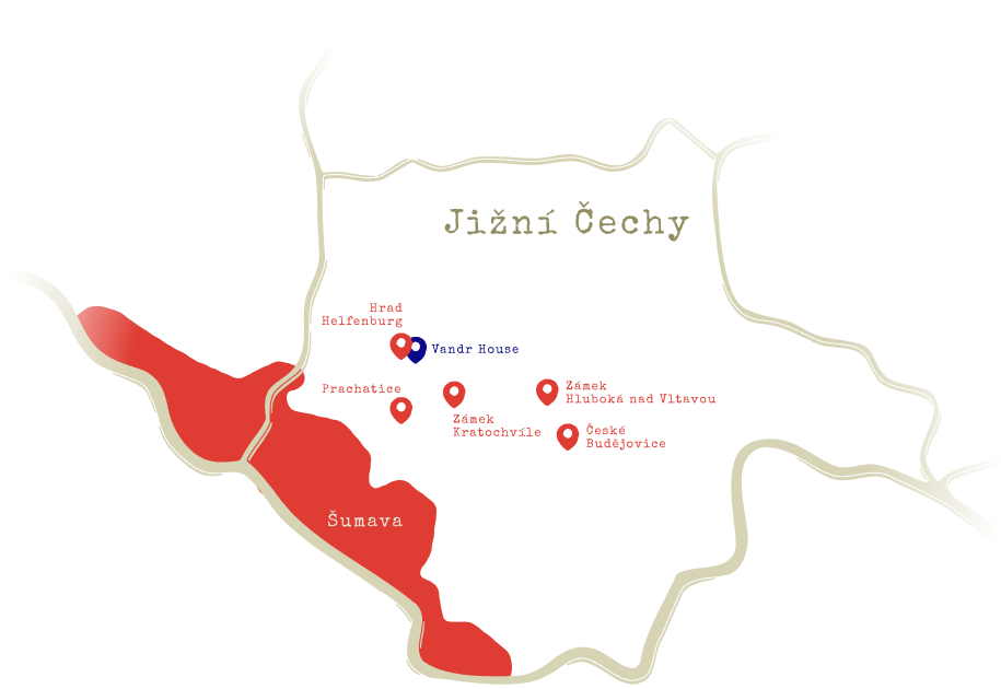 Mapa okolí Vandr House glamping — Jižní Čechy, Šumava